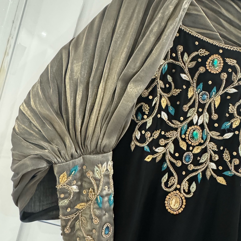 Embroidered Black and Gold Dress with Shawl
